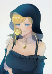 Rule 34 | 1girl, alice lendrott, black dress, black headwear, blonde hair, blue eyes, breasts, cleavage, dress, earrings, flower, highres, holding, holding flower, jewelry, kotneo, large breasts, locket, long sleeves, necklace, pendant, shinigami bocchan to kuro maid, short hair, solo, upper body, white background, yellow flower