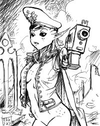 Rule 34 | daemonette, greyscale, gun, hat, jacket, lowres, monochrome, no bra, no panties, no pants, non-web source, open clothes, open jacket, pointy ears, slaanesh, solo, tail, warhammer 40k, weapon