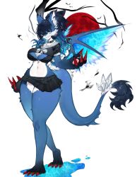 Rule 34 | 1girl, animal ears, black hair, black skirt, blue eyes, blue fur, blue hair, breasts, claws, commission, crop top, crystal, ear piercing, earrings, energy wings, eyepatch, fox ears, fox girl, fox tail, furry, furry female, jewelry, large breasts, long hair, looking at viewer, midriff, moon, multicolored fur, multicolored hair, navel, original, pawpads, piercing, red moon, red nails, skirt, smirk, snout, tail, thick thighs, thighs, togetoge, white fur, wide hips, wings