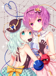 Rule 34 | 2girls, alternate costume, backless outfit, bad id, bad pixiv id, bare back, bare shoulders, barefoot, black gloves, black hairband, black hat, blue eyes, blue hair, blue shirt, blue skirt, bow, breasts, candy, center frills, chocolate, chocolate heart, closed mouth, collared shirt, english text, engrish text, food, frills, gloves, grey background, hair ornament, hairband, hat, hat ribbon, head tilt, heart, heart-shaped pupils, heart hair ornament, heart of string, holding hands, interlocked fingers, komeiji koishi, komeiji satori, looking at viewer, looking back, mini hat, mouth hold, multiple girls, nunucco, pink eyes, pink gloves, pink hair, pink skirt, polka dot, polka dot background, polka dot skirt, ranguage, red eyes, ribbon, shirt, short hair, shoulder blades, siblings, sisters, skirt, small breasts, smile, string, striped bow, striped clothes, striped shirt, symbol-shaped pupils, third eye, touhou, underwear, vertical-striped clothes, vertical-striped shirt, yellow bow, yellow ribbon