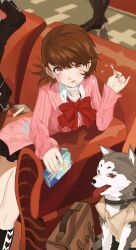 Rule 34 | 1girl, 2others, animal, black skirt, black socks, bow, bowtie, brown bag, brown eyes, brown hair, cardigan, choker, collarbone, couch, dog, earrings, eyelashes, feet out of frame, food, food in mouth, gbbgb321, grey fur, heart, heart choker, highres, holding, holding food, holding pocky, indoors, jewelry, kneehighs, koromaru (persona), long sleeves, looking at viewer, loose bowtie, medium hair, multiple others, on couch, persona, persona 3, persona 3 reload, pink cardigan, pink nails, pocky, pocky in mouth, red bow, red bowtie, red eyes, sitting, skirt, socks, stud earrings, takeba yukari, tongue, tongue out, two-tone fur, white choker, white fur