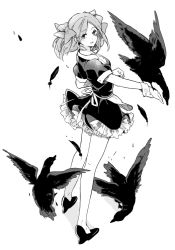 Rule 34 | 1girl, animal, apron, arms up, bad id, bad pixiv id, bird, bow, crow, feathers, female focus, flying, full body, greyscale, hair bow, happy, high heels, looking at viewer, looking back, miniskirt, monochrome, no socks, open mouth, original, outstretched arm, parted bangs, shoes, short hair, simekirikowai, simple background, skirt, solo, twintails, white background, wrist cuffs