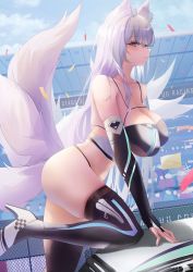 Rule 34 | 1girl, absurdres, animal ear fluff, animal ears, ass, azur lane, bare shoulders, breasts, elbow gloves, fox ears, fox girl, fox tail, gloves, high heels, highres, huge breasts, large breasts, long hair, looking at viewer, multiple tails, official alternate costume, pleated skirt, purple eyes, race queen, shinano (azur lane), shinano (moonlit chrome) (azur lane), skirt, solo, tail, thighhighs, thighs, turbulence, white hair