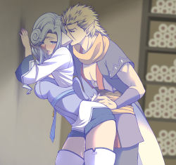 Rule 34 | 1boy, 1girl, against wall, ainu clothes, animal ears, aquaplus, ass, bent over, blonde hair, blue sash, blurry, blurry background, blush, boots, breasts, cleavage, curly hair, eyes visible through hair, from side, hair over one eye, hair over shoulder, large breasts, leaning forward, long hair, long sleeves, looking at another, looking at viewer, manyu274, mikazuchi (utawarerumono), munechika, open mouth, pointy ears, raised eyebrows, saliva, saliva trail, sash, sideboob, sidelocks, skirt, spiked hair, strapless, tail, teeth, thick thighs, thigh boots, thighhighs, thighs, tongue, tube top, utawarerumono, utawarerumono: itsuwari no kamen, variations, wide sleeves, yellow eyes