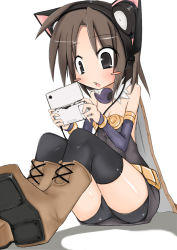 Rule 34 | 1girl, :o, alchemist (ragnarok online), animal ear headphones, animal ears, armlet, bare shoulders, belt, belt skirt, bike shorts, black eyes, black thighhighs, blush, blush stickers, boots, bracelet, breasts, brown eyes, brown footwear, brown hair, cable, cape, cat ear headphones, cat ears, choker, cleavage, cross-laced footwear, detached sleeves, dress, fake animal ears, from side, fur trim, grey hair, handheld game console, headphones, holding, jewelry, knees up, looking down, morino donguri, nintendo ds, nintendo dsi, open mouth, parted bangs, playing games, ragnarok online, shadow, short dress, shorts, shorts under skirt, simple background, sitting, sleeveless, sleeveless dress, small breasts, surprised, thighhighs, upskirt, white background