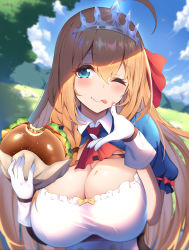 Rule 34 | 1girl, ahoge, ascot, blue eyes, blue sky, blue sleeves, blush, braid, breasts, burger, buttons, cleavage, closed mouth, food, gloves, hair between eyes, hair ribbon, highres, large breasts, long hair, looking at viewer, nakatama kyou, one eye closed, orange hair, pecorine (princess connect!), princess connect!, puffy short sleeves, puffy sleeves, red ascot, red ribbon, ribbon, short sleeves, shrug (clothing), side braid, sky, smile, solo, tiara, tongue, tongue out, white gloves