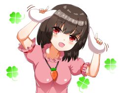 Rule 34 | 1girl, :d, animal ears, black hair, blush, breasts, carrot necklace, clover, dress, four-leaf clover, hair between eyes, hand on own ear, head tilt, highres, inaba tewi, index finger raised, jewelry, kiui (dagk8254), looking at viewer, medium breasts, necklace, open mouth, pink dress, puffy short sleeves, puffy sleeves, rabbit ears, short hair, short sleeves, simple background, smile, solo, standing, touhou, upper body, white background