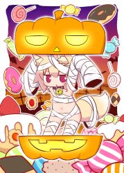 Rule 34 | 1girl, :o, animal ear fluff, animal ears, arms up, bandages, bell, blonde hair, blush, brown collar, candy, candy wrapper, checkerboard cookie, chibi, collar, commentary request, cookie, doughnut, food, fox ears, fox girl, fox tail, fruit, hair between eyes, highres, jack-o&#039;-lantern, jingle bell, kemomimi-chan (naga u), lollipop, long hair, long sleeves, naga u, naked bandage, navel, neck bell, original, parted lips, red eyes, sidelocks, sleeves past fingers, sleeves past wrists, solo, standing, strawberry, swirl lollipop, tail