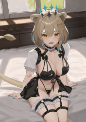 Rule 34 | 1girl, animal ears, bikini, black bow, black choker, black skirt, blonde hair, blue hair, blue nails, bow, breasts, bridal garter, choker, collarbone, commentary request, commission, detached sleeves, fang, frilled bikini, frilled choker, frills, hair ornament, halo, hazumi aileen, heart bikini, highres, indie virtual youtuber, large breasts, lion ears, lion girl, lion tail, mole, mole on breast, navel, o-ring, parted lips, partial commentary, ramachiru, short sleeves, skeb commission, skirt, solo, swimsuit, tail, virtual youtuber, window, yellow eyes