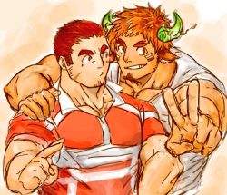 Rule 34 | 2boys, 392mondo, animal ears, bara, blush, brown eyes, brown hair, commentary request, couple, cow boy, cow ears, cow horns, dark-skinned male, dark skin, facial hair, facial scar, fiery horns, forked eyebrows, glowing horns, goatee, grin, tamamura gunzo, hand on another&#039;s shoulder, horns, looking at another, male focus, mature male, multiple boys, muscular, muscular male, partially unbuttoned, pectoral cleavage, pectorals, rugby uniform, scar, scar on cheek, scar on face, short hair, sideburns, smile, spiked hair, sportswear, thick eyebrows, tokyo houkago summoners, unfinished, v, wakan tanka