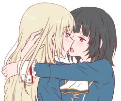 Rule 34 | 10s, 2girls, ascot, atago (kancolle), bad id, bad pixiv id, black hair, blonde hair, blush, female focus, green eyes, kantai collection, long hair, multiple girls, red eyes, saliva, saliva trail, short hair, simple background, takao (kancolle), tongue, tongue out, udon (shiratama), upper body, white background, yuri