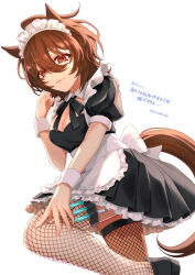 Rule 34 | 1girl, absurdres, agnes tachyon (umamusume), ahoge, animal ears, apron, black bow, black bowtie, black dress, black footwear, bow, bowtie, breasts, brown hair, cleavage, closed mouth, detached collar, dress, emil1030 blue, fishnet thighhighs, fishnets, hand up, highres, horse ears, horse girl, horse tail, leg up, looking at viewer, maid headdress, medium breasts, medium hair, orange eyes, puffy short sleeves, puffy sleeves, shoes, short sleeves, smile, solo, syringe, tail, thighhighs, translation request, twitter username, umamusume, waist apron, white background, wrist cuffs