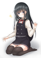 Rule 34 | 10s, 1girl, asashio (kancolle), belt, black hair, black thighhighs, blue eyes, calicchio23, commentary request, dress, highres, kantai collection, lap pillow, lap pillow invitation, long hair, long sleeves, looking at viewer, pinafore dress, school uniform, seiza, shirt, simple background, sitting, skirt, sleeveless, sleeveless dress, smile, solo, thighhighs, white background, white shirt