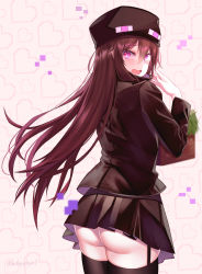 Rule 34 | 1girl, ander (at2.), ass, at2., black skirt, black thighhighs, blush, borrowed character, brown hair, destinyplayer1, embarrassed, enderman, from behind, garter straps, highres, long hair, long sleeves, looking at viewer, minecraft, open mouth, personification, pleated skirt, purple eyes, skirt, solo, thighhighs