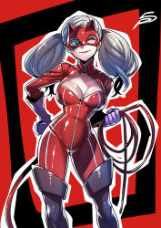 Rule 34 | 10s, 1girl, black footwear, black gloves, blonde hair, blue eyes, bodysuit, boots, breasts, gloves, hair ornament, highres, holding, holding whip, long hair, looking at viewer, medium breasts, one eye closed, parted lips, persona, persona 5, red bodysuit, smirk, solo, standing, takamaki anne, thigh boots, thighhighs, tukiwani, twintails, whip