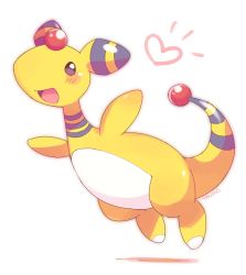 Rule 34 | :d, ampharos, blush, brown eyes, commentary request, creatures (company), full body, game freak, gen 2 pokemon, heart, nintendo, no humans, open mouth, outstretched arms, pokemon, pokemon (creature), signature, smile, solo, tansho, tongue