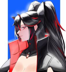 Rule 34 | 1girl, absurdres, black hair, black jacket, fake horns, hair between eyes, headgear, highres, horns, jacket, long hair, lucia: plume (punishing: gray raven), lucia (punishing: gray raven), mafrn3 (g03s), mechanical parts, multicolored hair, parted lips, punishing: gray raven, red eyes, red hair, sidelocks, small horns, solo, streaked hair, twintails