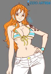 Rule 34 | 1girl, 2024, bikini, bikini top only, breasts, cleavage, collarbone, earrings, highres, jewelry, large breasts, long hair, nami (one piece), navel, one piece, orange hair, solo, swimsuit, tattoo, underboob, zeroart924