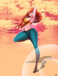 Rule 34 | 1girl, armpits, arms up, belt, boots, breasts, brown eyes, crop top, curvy, denim, highres, jaxdraws, jeans, joy (shenmue), large breasts, long hair, midriff, navel, orange hair, pants, sega, shenmue, shenmue ii, shenmue the animation, shiny skin, sideboob, sleeveless, smile, thick thighs, thighs