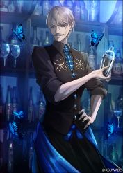 Rule 34 | 1boy, alternate costume, bar (place), blue eyes, bottle, bug, butterfly, cocktail glass, commentary request, cowboy shot, cup, drinking glass, facial hair, fate/grand order, fate (series), grey hair, hair between eyes, hand on own hip, insect, james moriarty (archer) (fate), james moriarty (gray collar) (fate), k-suwabe, long sleeves, male focus, mustache, necktie, pants, shaker, shelf, sleeves rolled up, smile, solo, standing, twitter username, upper body, vest, wine glass