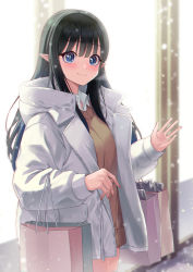 Rule 34 | 1girl, absurdres, bag, black hair, blue eyes, blunt bangs, blush, breasts, brown sweater, closed mouth, collared shirt, commentary, cowboy shot, hand up, highres, holding, hood, hood down, hooded jacket, jacket, kim nag-seo, long hair, long sleeves, looking at viewer, medium breasts, open clothes, open jacket, original, outdoors, pointy ears, shirt, smile, solo, standing, sweater, white jacket, white shirt, winter clothes