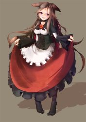 Rule 34 | 1girl, animal ears, blush, breasts, brooch, brown hair, clothes lift, corset, dress, grey background, imaizumi kagerou, jewelry, long hair, long sleeves, looking at viewer, nama shirasu, no shoes, open mouth, pantyhose, red eyes, shadow, simple background, skirt, skirt lift, smile, solo, touhou, very long hair, wide sleeves, wolf ears