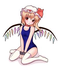 Rule 34 | 1girl, bad id, bad pixiv id, blonde hair, collar, female focus, flandre scarlet, hat, inanosuke, one-piece swimsuit, ponytail, red eyes, school swimsuit, short hair, side ponytail, sitting, solo, swimsuit, embodiment of scarlet devil, thighhighs, touhou, wariza, wings