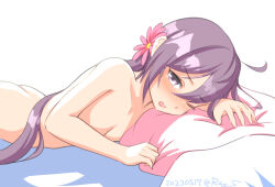 Rule 34 | 1girl, akebono (kancolle), bed, breasts, cowboy shot, flower, hair flower, hair ornament, kantai collection, long hair, lying, nude, on stomach, one-hour drawing challenge, one eye closed, pillow, purple eyes, purple hair, ray.s, school uniform, serafuku, side ponytail, simple background, small breasts, solo, very long hair, white background