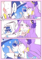 Rule 34 | ..., 2girls, blue-tinted eyewear, blue-tinted glasses, blue cat (precure), blue eyes, blue hair, blue headwear, blush, closed mouth, comic, crescent, crescent earrings, cure selene, earrings, eye contact, female focus, happy, hat, imminent kiss, jewelry, kaguya madoka, kiss, licking, licking lips, lips, long hair, looking at another, magical girl, multiple girls, neck, negom, open mouth, pointy ears, precure, purple hair, saliva, smile, spoken ellipsis, star twinkle precure, sunglasses, sweat, tinted eyewear, tongue, tongue out, top hat, upper body, yuri