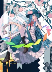 Rule 34 | 1girl, absurdres, apron, black hat, blue hair, blue skirt, boots, brown footwear, cross-laced footwear, dress shirt, food, frills, fruit, hat, hat leaf, high heel boots, high heels, highres, hinanawi tenshi, kyusoukyu, lace-up boots, leaf, long hair, neck ribbon, peach, puffy short sleeves, puffy sleeves, rainbow order, red eyes, ribbon, shirt, short sleeves, skirt, solo, sword of hisou, touhou, white shirt