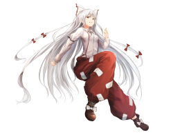 Rule 34 | 1girl, absurdres, bow, collared shirt, fujiwara no mokou, full body, hair bow, highres, long hair, long sleeves, looking at viewer, lumo 1121, ofuda, red bow, shirt, shoes, silver hair, simple background, solo, suspenders, touhou, underwear, very long hair, white background, white bow, white shirt