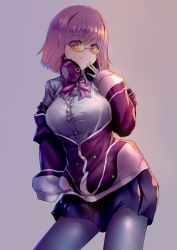 Rule 34 | 10s, 1girl, absurdres, bow, breasts, collared shirt, glasses, gridman universe, headphones, headphones around neck, highres, jacket, jsiwji, large breasts, light purple hair, long sleeves, looking at viewer, looking over eyewear, looking over glasses, off shoulder, open clothes, pantyhose, purple background, purple jacket, red-framed eyewear, red eyes, school uniform, shinjou akane, shirt, short hair, simple background, skirt, smile, solo, ssss.gridman, standing, sunglasses, tinted eyewear, white shirt, yellow-tinted eyewear, yellow-tinted glasses