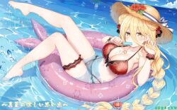 Rule 34 | 1girl, alternate breast size, bikini, blonde hair, bracelet, braid, braided ponytail, breasts, cleavage, cloud, cloudy sky, date a live, day, dinghy, eating, food, food in mouth, full body, gold hair, hair between eyes, hand in own hair, hat, highres, hoshimiya mukuro, jewelry, large breasts, lifesaver, long hair, looking at viewer, lying on water, necklace, no nipples, ocean, popsicle, popsicle in mouth, red bikini, red bracelet, red ribbon, ribbon, sky, star (symbol), star necklace, straw hat, swimsuit, tsubasaki, water, wet breasts, yellow eyes