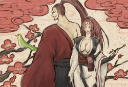 Rule 34 | 1boy, 1girl, arc system works, back-to-back, baiken, bird, branch, breasts, cleavage, flower, grin, guilty gear, holding, holding smoking pipe, japanese clothes, kibagami genjuro, kimono, large breasts, long hair, looking at another, m.u.g.e.n, mugennagi, muscular, muscular male, one eye closed, ponytail, red eyes, red flower, red hair, samurai spirits, single strap, smile, smoking pipe, snk, standing, tattoo, white kimono, yellow background