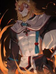 Rule 34 | 1boy, abs, animal ears, axianorange, bara, black background, capelet, chinese commentary, commentary request, fire, furry, furry male, highres, lion boy, lion ears, lion mane, lion tail, looking at viewer, magnos (world flipper), male focus, navel, orange eyes, pectorals, tail, whiskers, white capelet, world flipper