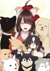 Rule 34 | 1girl, ahoge, animal, animal ears, brown hair, closed eyes, dog, dog ears, eyebrows hidden by hair, fake animal ears, fate/grand order, fate (series), fuku dan, highres, holding, kyokutei bakin (fate), kyokutei bakin (first ascension) (fate), looking at viewer, open mouth, short hair, smile, solo, welsh corgi