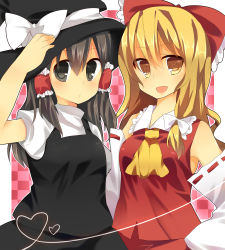 Rule 34 | 2girls, :o, bad id, bad pixiv id, bare shoulders, black eyes, black hair, blonde hair, bow, cosplay, costume switch, detached sleeves, female focus, hair bow, hair tubes, hakurei reimu, hakurei reimu (cosplay), hand on headwear, hat, heart, heart-shaped pupils, highres, ika, japanese clothes, kirisame marisa, kirisame marisa (cosplay), long hair, miko, multiple girls, smile, star (symbol), symbol-shaped pupils, touhou, witch, witch hat, yellow eyes