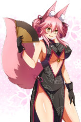 Rule 34 | 1girl, afuro, animal ear fluff, animal ears, bare shoulders, black gloves, blush, breasts, china dress, chinese clothes, collarbone, dress, fang, fate/grand order, fate (series), fox ears, fox girl, fox tail, glasses, gloves, hair ornament, hand fan, highres, koyanskaya (chinese lostbelt outfit) (fate), koyanskaya (fate), large breasts, long hair, looking at viewer, open mouth, pink hair, smile, solo, tail, tamamo (fate), underboob, yellow eyes