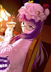 Rule 34 | 1girl, bespectacled, blew andwhite, brown eyes, crescent, cup, female focus, glasses, hat, lamp, long hair, looking at viewer, patchouli knowledge, purple hair, red eyes, sitting, solo, tahoo, tea, teacup, touhou