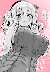 Rule 34 | 1girl, 2018, alternate costume, aran sweater, bare shoulders, beret, blush, bouncing breasts, breasts, cable knit, closed mouth, finger to mouth, from below, hair ribbon, hard-translated, hat, heart, index finger raised, kantai collection, kashima (kancolle), kojima saya, large breasts, lips, looking at viewer, looking down, meme attire, monochrome, motion lines, petals, pink background, ribbed sweater, ribbon, short hair, short twintails, shushing, sideboob, signature, sleeveless, smile, solo, speech bubble, sweater, third-party edit, translated, twintails, upper body, virgin killer sweater, wavy hair