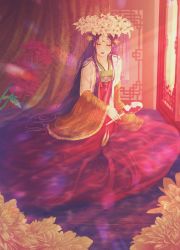 Rule 34 | 1girl, absurdres, architecture, chinese clothes, chrysanthemum print, closed eyes, east asian architecture, facial mark, floral print, flower, forehead mark, hanfu, highres, indoors, lily (flower), long hair, original, sitting, solo, spider lily, user cmyg5732, very long hair