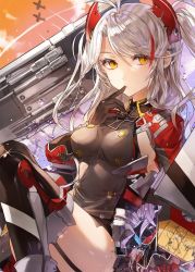 Rule 34 | 1girl, aircraft, airplane, antenna hair, azur lane, breasts, buttons, cannon, closed mouth, clothing cutout, cloud, collar, cross, evening, expressionless, finger to mouth, garter straps, gloves, hair between eyes, iron cross, kim eb, knees up, large breasts, long hair, looking at viewer, machinery, military, military uniform, multicolored hair, orange sky, prinz eugen (azur lane), red hair, rigging, side cutout, sidelocks, silver hair, sky, solo, sparkle, splashing, streaked hair, swept bangs, thighhighs, thighs, turret, two side up, uniform, water drop