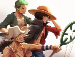Rule 34 | 3boys, black hair, commentary request, green hair, hat, highres, holding, holding sword, holding weapon, male focus, monkey d. luffy, multiple boys, muscular, net, oekakiboya, one piece, open mouth, roronoa zoro, scar, short hair, simple background, smile, straw hat, sword, toned, toned male, usopp, weapon, white background