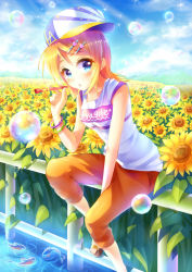 Rule 34 | 1girl, blonde hair, blue eyes, blush, bracelet, breasts, bubble, collarbone, day, flower, hair ornament, hairclip, hat, heart, jewelry, looking at viewer, medium breasts, nanakusagayu, original, outdoors, parted lips, sandals, sideways hat, sitting, solo, summer, sunflower