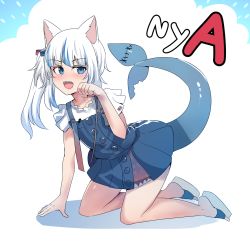 Rule 34 | 1girl, :d, a (phrase), absurdres, animal ears, blue hair, blush, cat ears, dress, fins, fish tail, gawr gura, gawr gura (casual), highres, hinghoi, hololive, hololive english, kneeling, looking at viewer, multicolored hair, nyan, official alternate costume, open mouth, paw pose, sandals, shark tail, sharp teeth, side ponytail, smile, solo, streaked hair, tail, tail raised, teeth, virtual youtuber, white hair