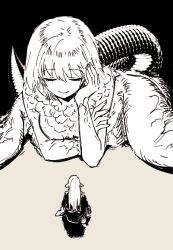 Rule 34 | 2girls, breasts, chimera, closed eyes, dragon tail, dungeon meshi, elf, facing another, facing away, falin touden, falin touden (chimera), feathered wings, feathers, hand on own arm, hand up, head rest, hhemuri, long hair, lying, marcille donato, monochrome, monster girl, multiple girls, nude, on stomach, pointy ears, robe, short hair, sitting, size difference, smile, spoilers, tail, wariza, wings