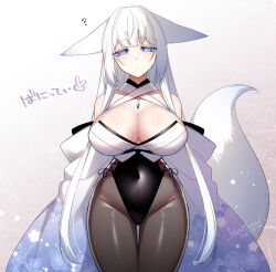 Rule 34 | 1girl, animal ears, bare shoulders, black leotard, blue eyes, blush, breasts, cleavage, covered navel, dated, ears down, fox ears, fox tail, highleg, highleg leotard, konshin, large breasts, leotard, long hair, looking at viewer, original, pantyhose, simple background, solo, strapless, strapless leotard, tail, thighs, very long hair, white background, white hair