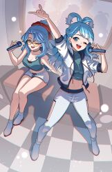 Rule 34 | 2girls, absurdres, alternate costume, anzailee, arm up, blue eyes, blue hair, breasts, choker, cleavage, commentary, crop top, english commentary, full body, glasses, highres, holding, holding microphone, hololive, hololive indonesia, hood, hoodie, karaoke, kobo kanaeru, kobo kanaeru&#039;s mother, large breasts, long hair, medium breasts, microphone, multicolored hair, multiple girls, music, navel, one eye closed, open clothes, open hoodie, open mouth, pants, ponytail, round eyewear, shorts, singing, sitting, standing, tile floor, tiles, two-tone hair, virtual youtuber, white footwear, white hair, white pants, white shorts