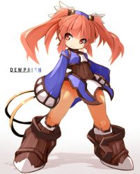 Rule 34 | 1girl, boots, brown footwear, chakram, closed mouth, copyright name, dewprism, full body, highres, holding, holding weapon, karukan (monjya), knee boots, long hair, looking at viewer, mint (dewprism), orange pantyhose, pantyhose, red eyes, red hair, see-through, see-through legwear, sidelocks, simple background, smile, solo, standing, twintails, weapon, white background