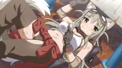 Rule 34 | 1girl, adjustable wrench, animal ears, bandana, blush, breasts, cleavage, clothes around waist, dutch angle, elbow pads, fox, fox ears, fox tail, furry, furry female, gloves, goggles, goggles on head, greeze18, grey hair, grin, hair flaps, halterneck, highres, large breasts, lily the mechanic, long hair, looking at viewer, lost pause, lying, mechanic, midriff, navel, on back, scarf, shiny skin, smile, solo, tail, wanaca, wrench, yellow eyes